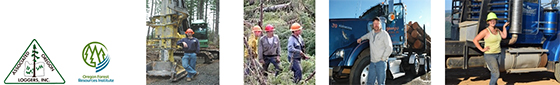 Several images including, a logo and others of foresters working and others standing near trucks