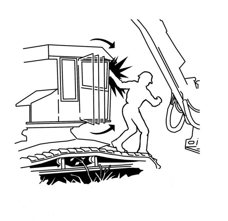 An illustration of a worker's fingers being hurt by a door shutting.