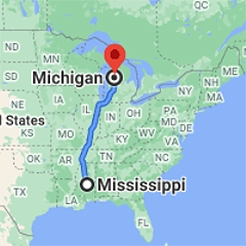Map graphic showing Michigan to Mississippi