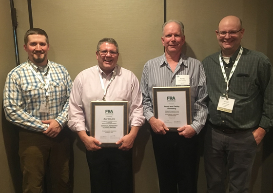 image of Bud DeLano, Ahlstrom-Munksjö (2nd from left), was presented with the FRA LSR Forestry Activist Award. Blomberg Logging was presented with an Honorary Lifetime FRA Membership. Randy Blomberg (2nd from right) is accepting the award. Matt Carothers (left), FRA LSR Policy Committee Chair, and Chad Morgan (right), FRA LSR Policy Committee vice-chair presented the awards. Both DeLano and Blomberg were recognized at the FRA LSR Fall Meeting in October.