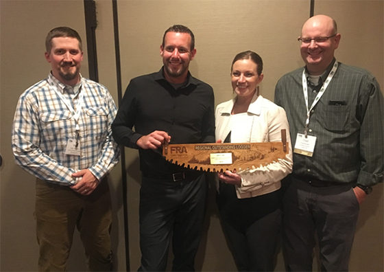 JATCO, Inc. was recognized as the FRA LSR Outstanding Logger of 2019. Jeremy Stecker (2nd from left) owner of JATCO, Inc. and his wife Ellie Stecker (2nd from right) were presented the award by Matt Carothers (left), FRA LSR Policy Committee Chair, and Chad Morgan (right), FRA LSR Policy Committee vice-chair.