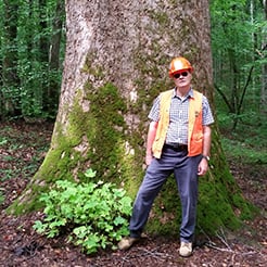 Rick, forest sector worker standing next to alive tree
