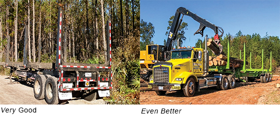 photo showing good vs. better log trailer visibility