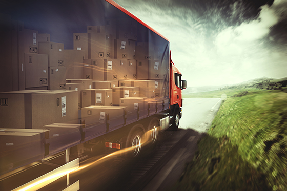 image of truck on the road, 3d rendering, with full load of boxes