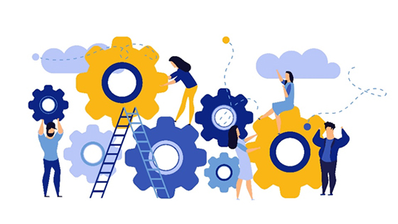 Info graphic of people and gears showing workforce development