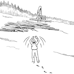 illustration of logging worker making signal to logging equipment operator