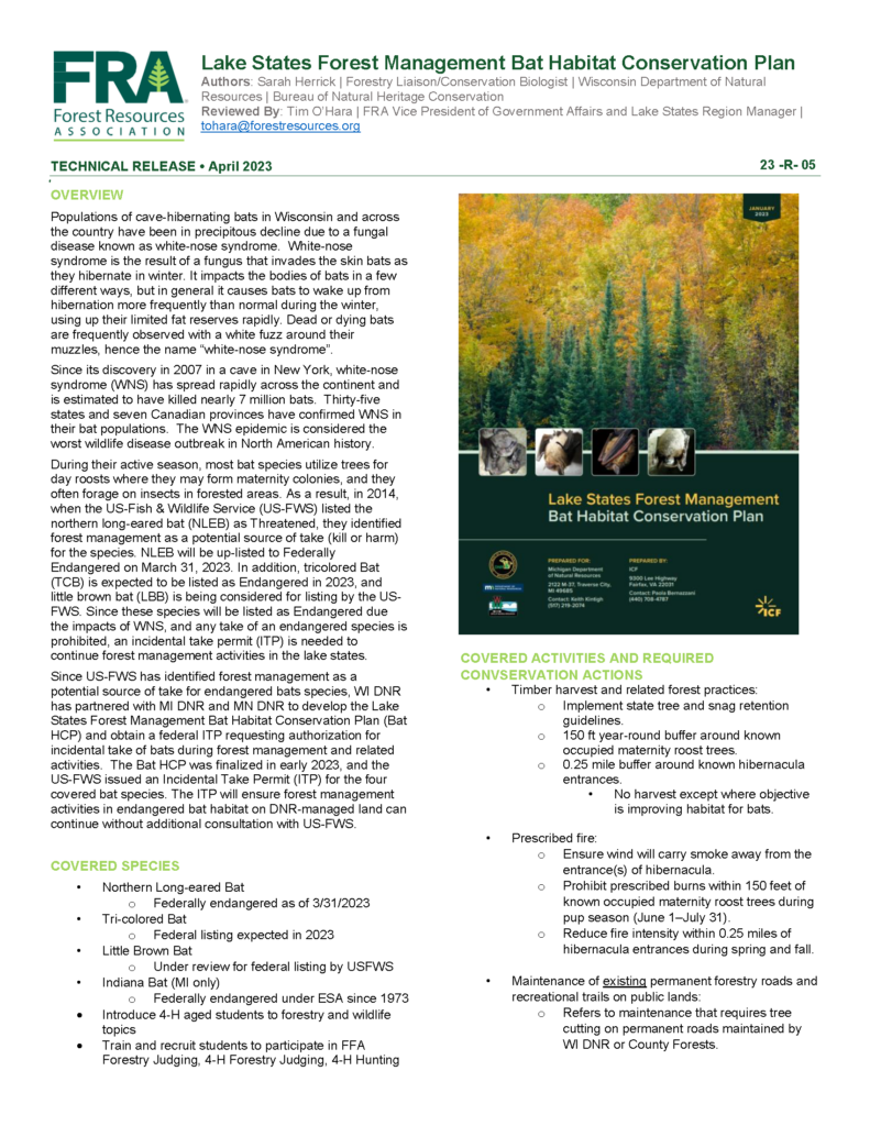 23R05 Lake States Forest Management Bat Habitat Conservation Plan