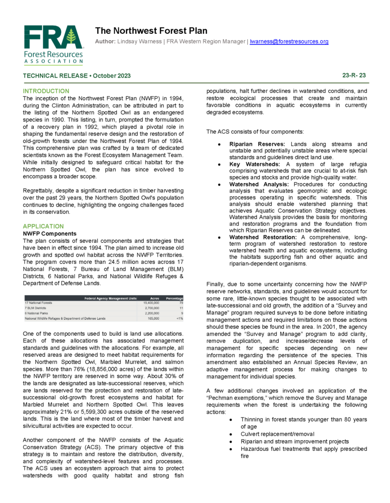 23-R-23 The Northwest Forest Plan - Forest Resources Association